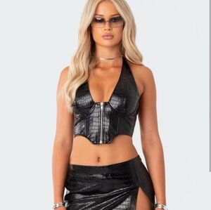 Edikted Black Croc Texture Halter Crop Top